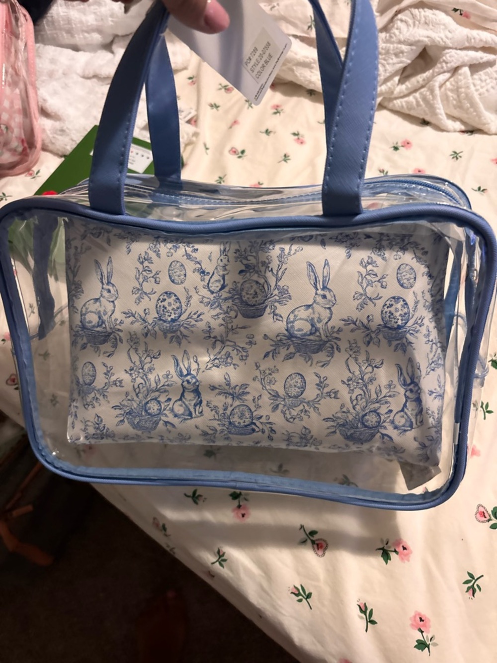 Clear Tote Bag with Blue Trim and Bunny Print Pouch